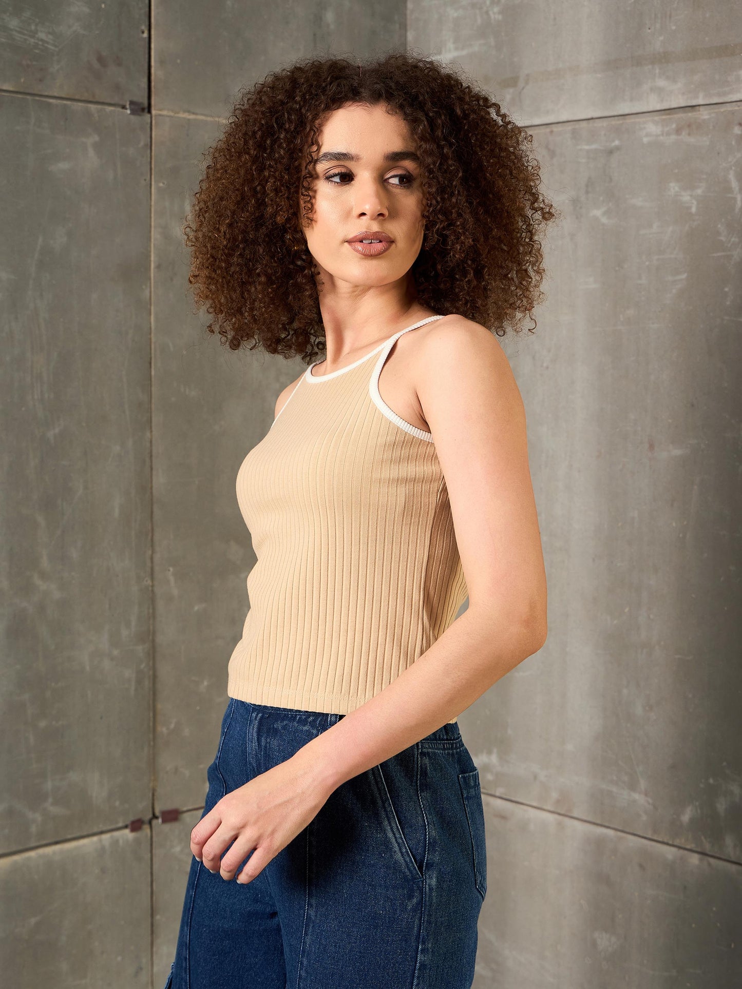 Women Beige Rib Contrast Piping Strappy Top