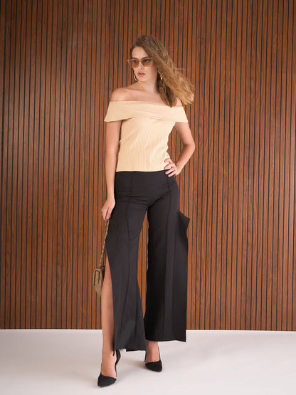 Women Beige Rib Off-Shoulder Top