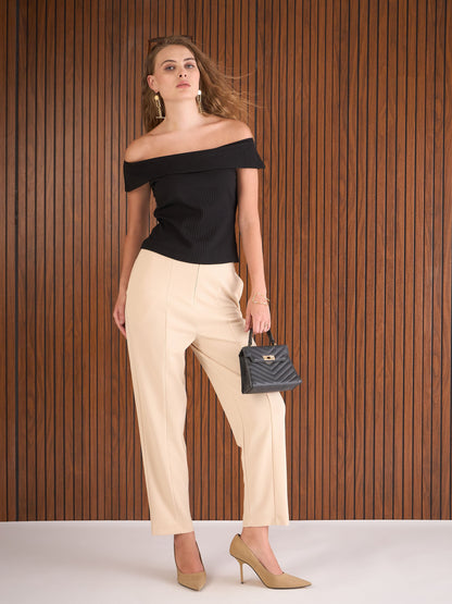 Women Black Rib Off-Shoulder Top