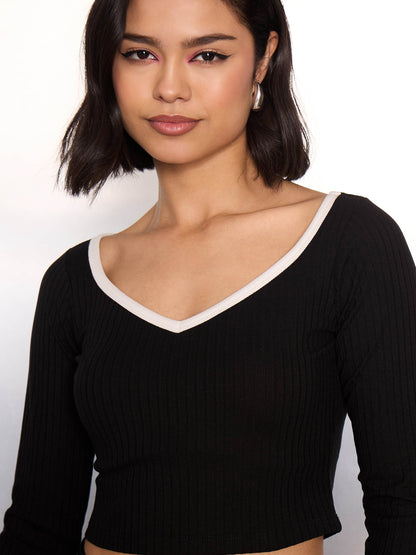 Women Black Rib Sweetheart Piping Neck Crop Top