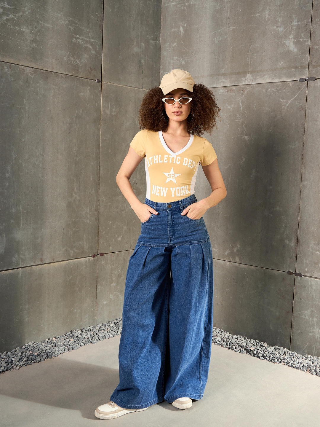 Women Beige &amp; White NEW YORK Fitted  T-Shirt