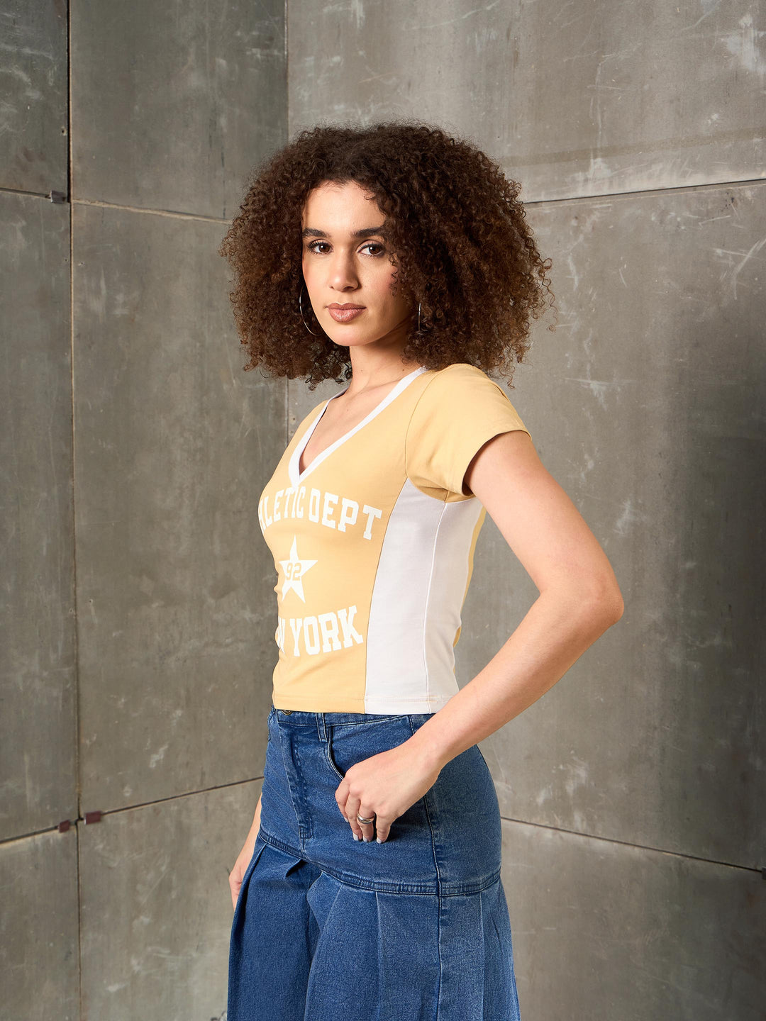 Women Beige &amp; White NEW YORK Fitted  T-Shirt