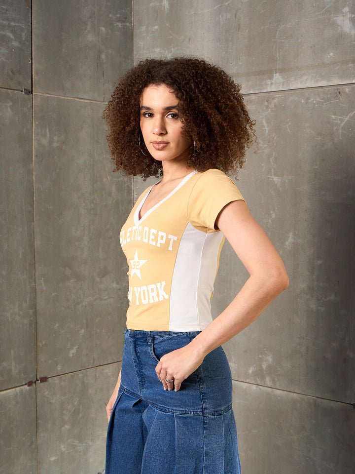 Women Beige &amp; White NEW YORK Fitted  T-Shirt