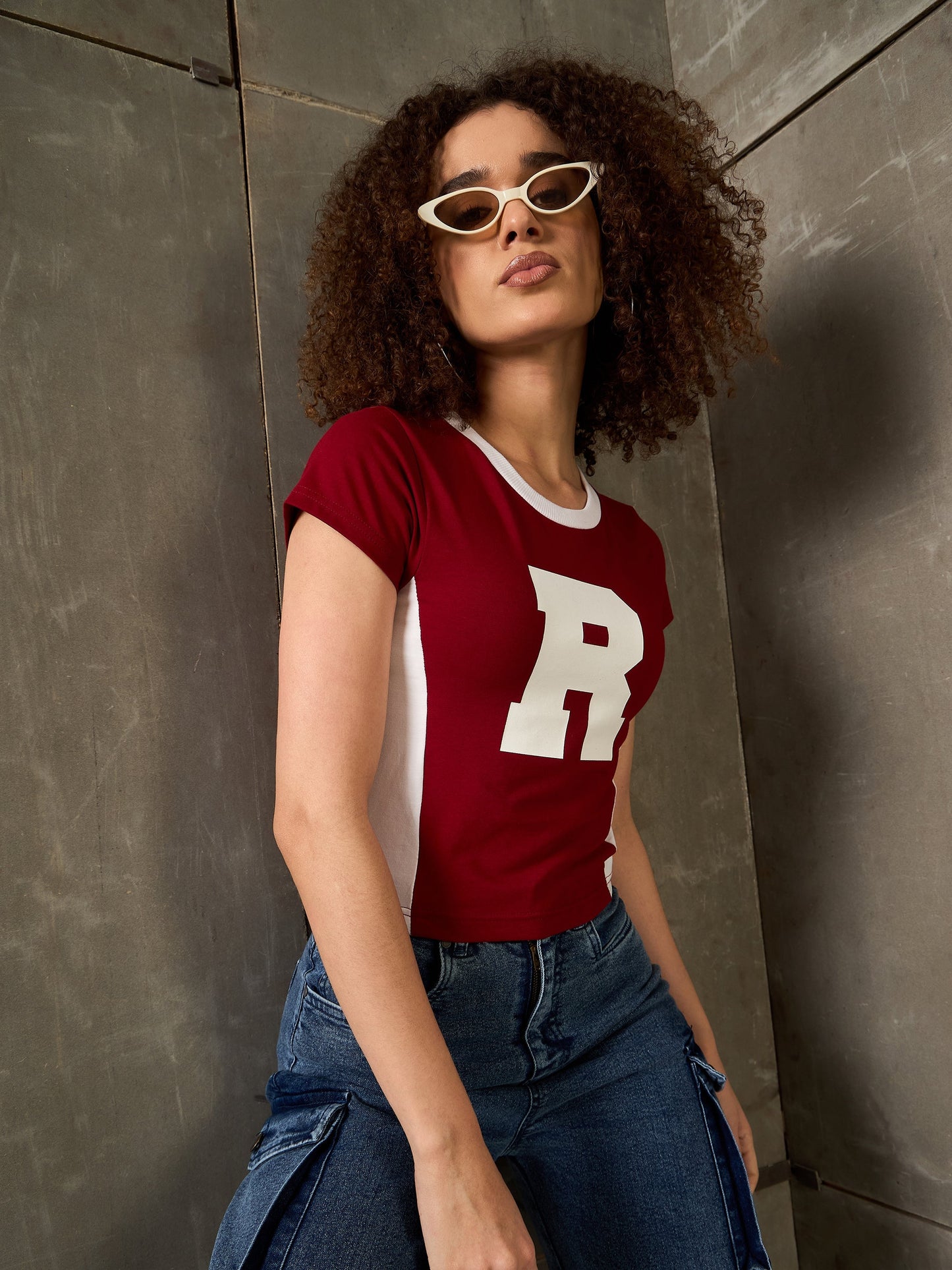 Women Maroon & White R-Print Fitted T-Shirt