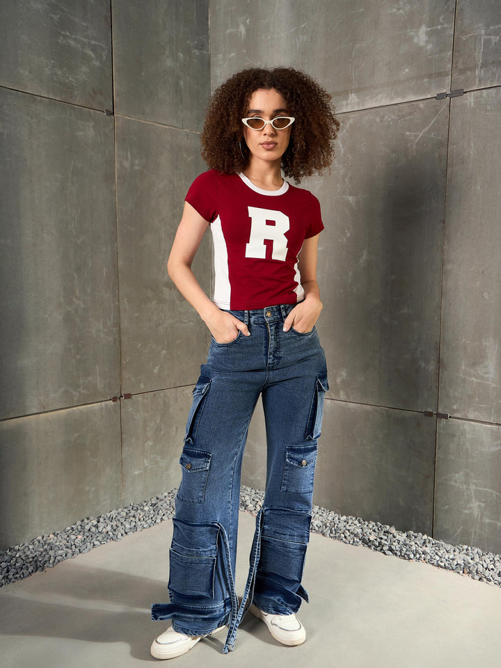 Women Maroon &amp; White R-Print Fitted T-Shirt