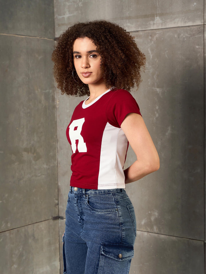Women Maroon &amp; White R-Print Fitted T-Shirt