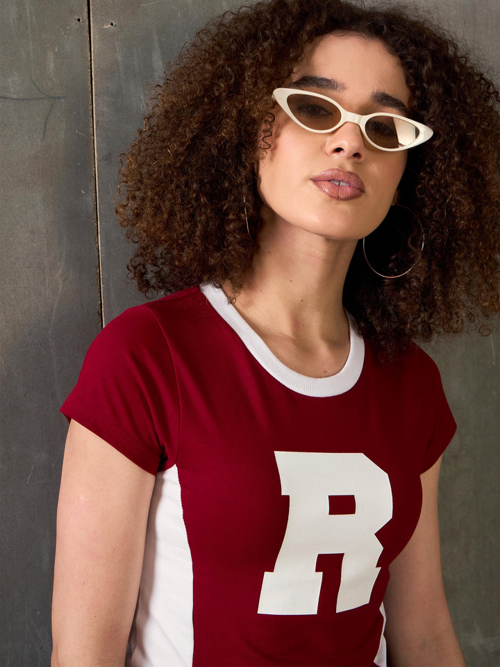 Women Maroon &amp; White R-Print Fitted T-Shirt