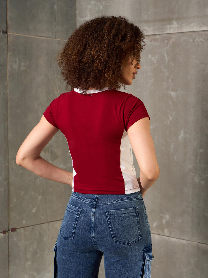 Women Maroon &amp; White R-Print Fitted T-Shirt