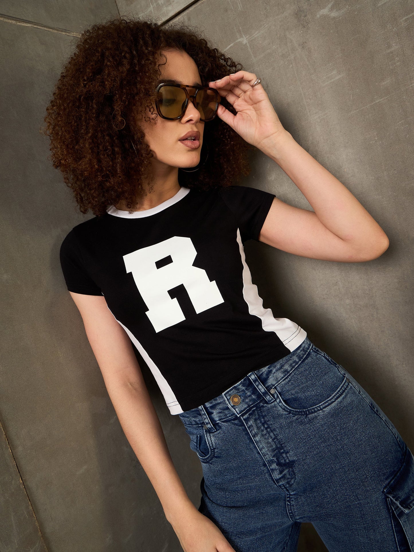 Women Black & White R-Print Fitted T-Shirt