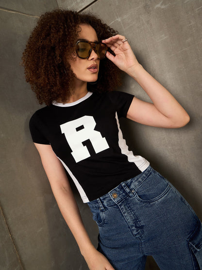 Women Black & White R-Print Fitted T-Shirt