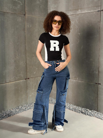 Women Black & White R-Print Fitted T-Shirt