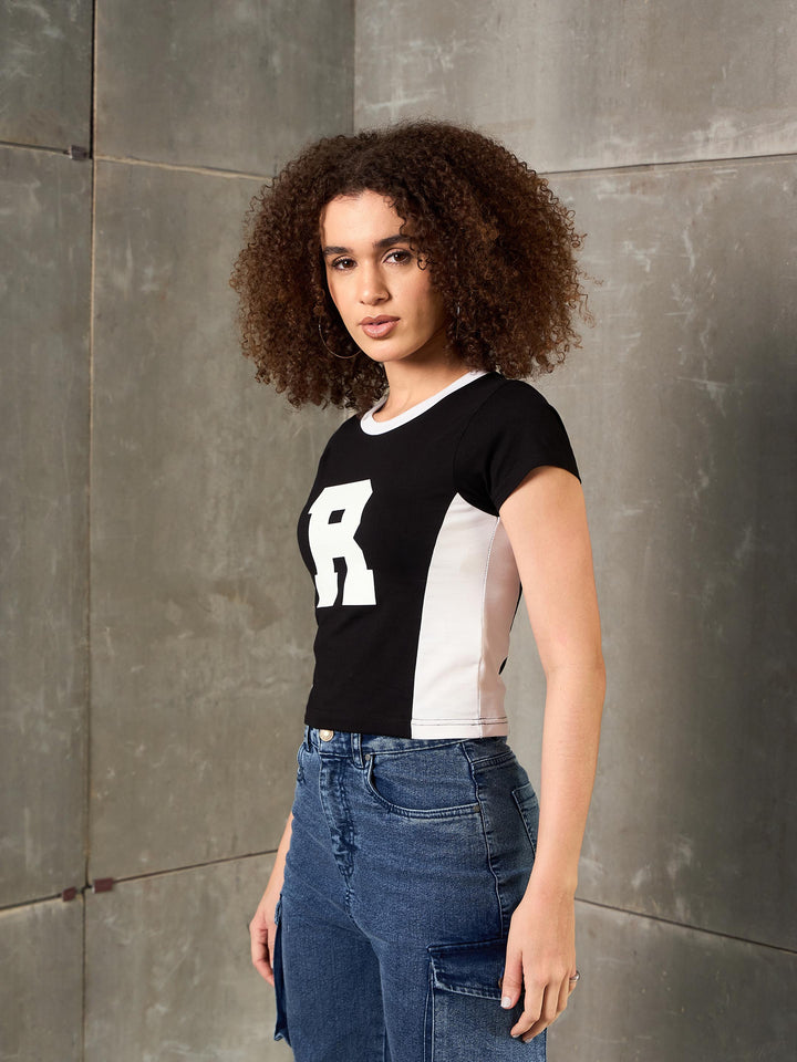 Women Black &amp; White R-Print Fitted T-Shirt
