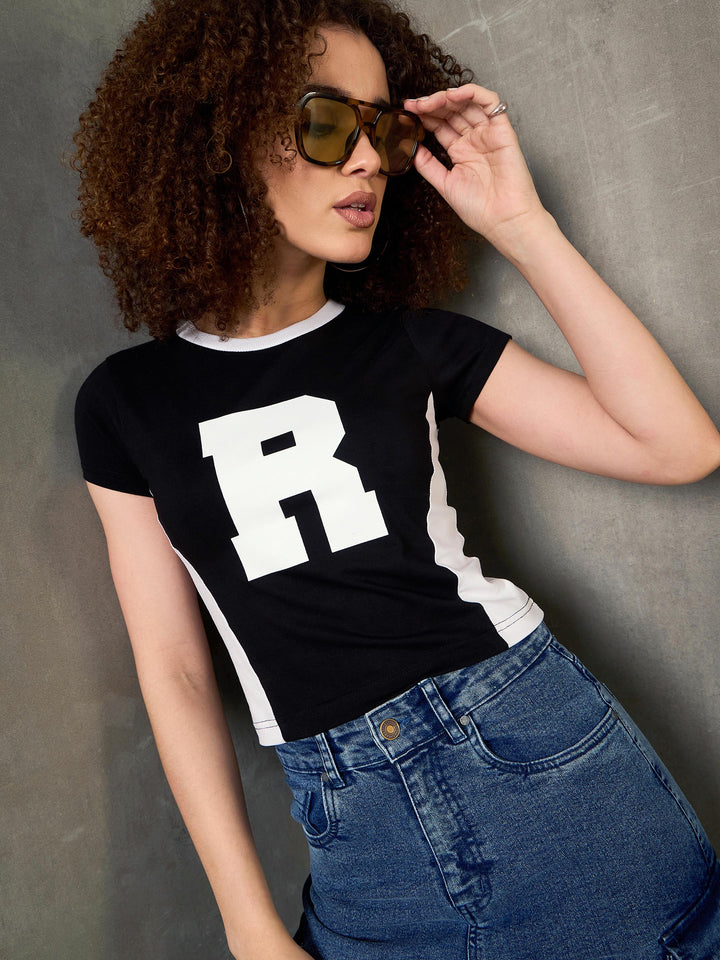 Women Black &amp; White R-Print Fitted T-Shirt
