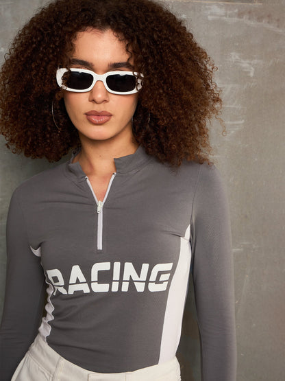 Women Grey & White RACING High Neck Fitted T-Shirt
