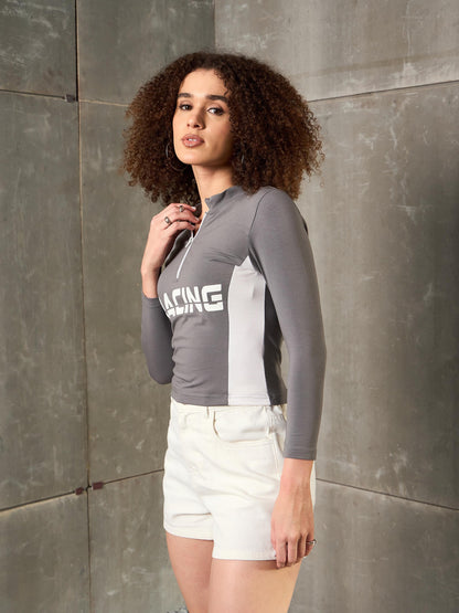 Women Grey & White RACING High Neck Fitted T-Shirt