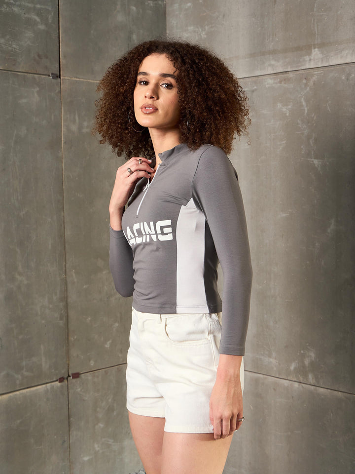 Women Grey &amp; White RACING High Neck Fitted T-Shirt