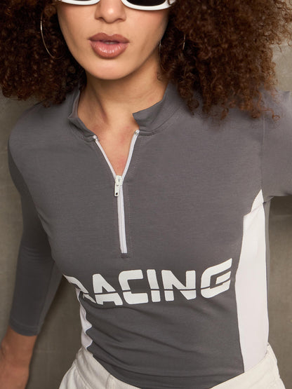 Women Grey & White RACING High Neck Fitted T-Shirt