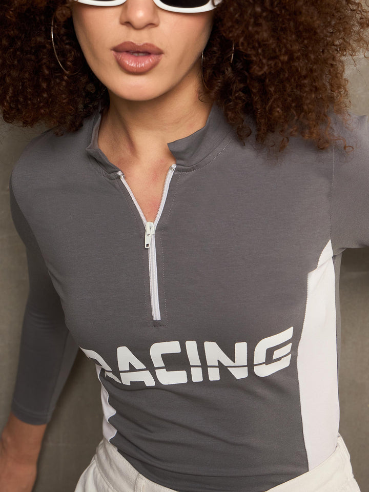 Women Grey &amp; White RACING High Neck Fitted T-Shirt