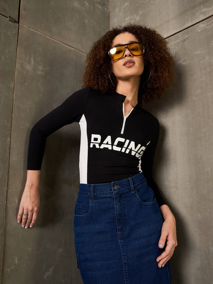 Women Black & White RACING High Neck Fitted T-Shirt