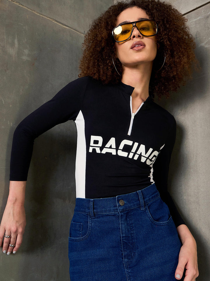Women Black &amp; White RACING High Neck Fitted T-Shirt
