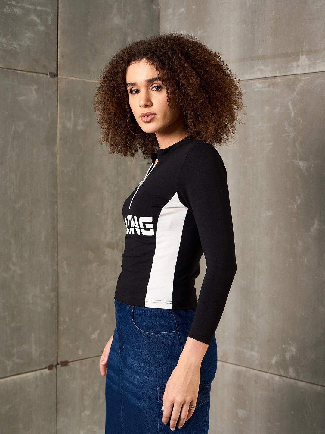 Women Black &amp; White RACING High Neck Fitted T-Shirt