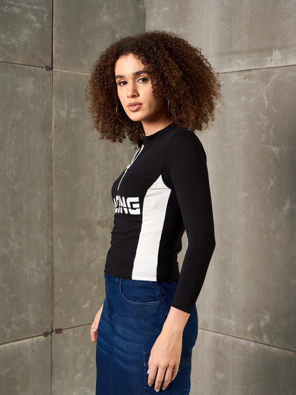 Women Black & White RACING High Neck Fitted T-Shirt