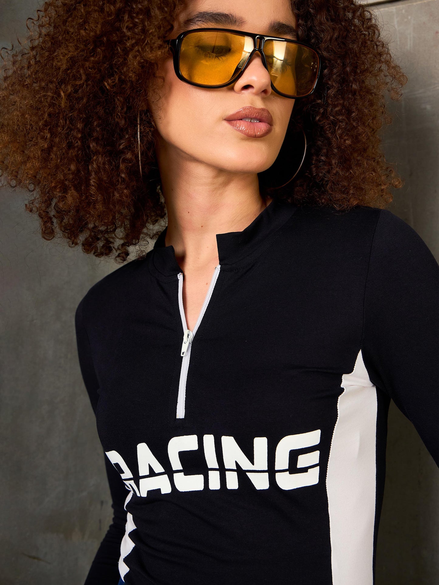 Women Black & White RACING High Neck Fitted T-Shirt