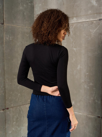 Women Black & White RACING High Neck Fitted T-Shirt