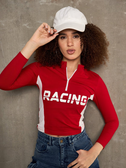 Red & White RACING High Neck Fitted T-Shirt