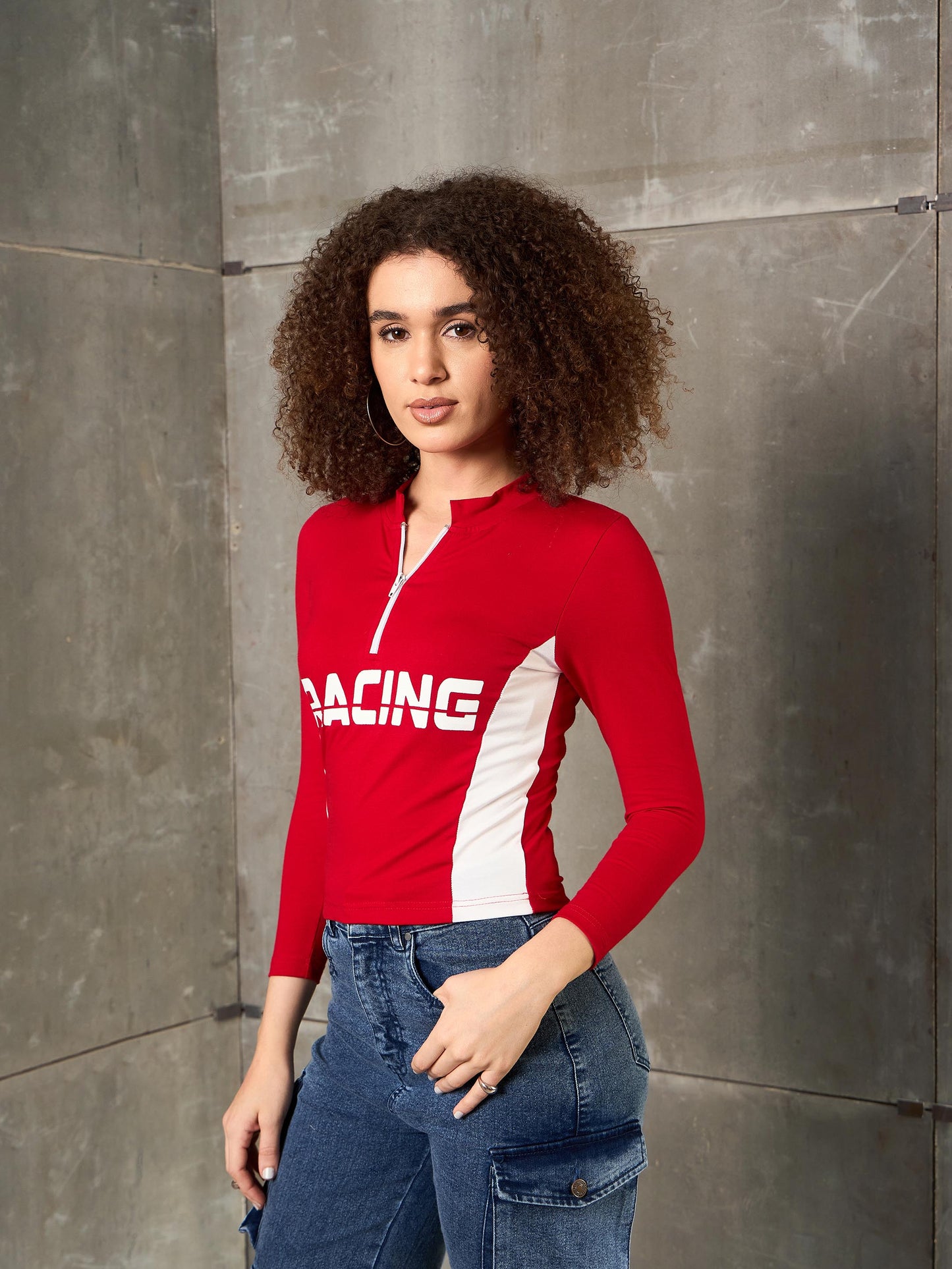 Red & White RACING High Neck Fitted T-Shirt