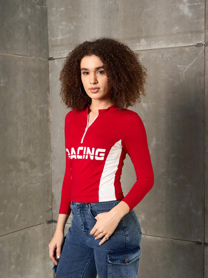Red & White RACING High Neck Fitted T-Shirt