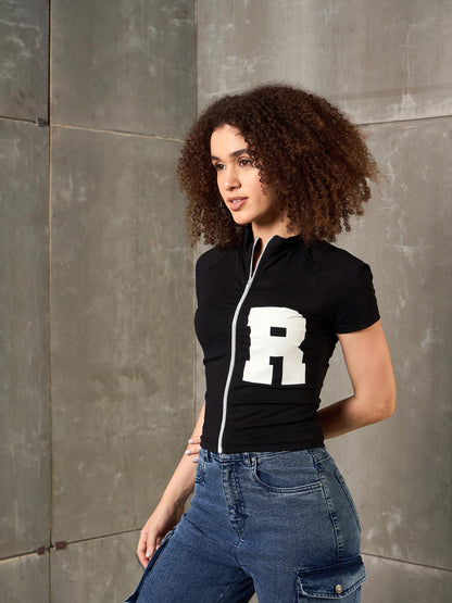 Black Front Zipper R-Print Fitted T-Shirt