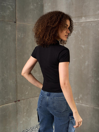 Black Front Zipper R-Print Fitted T-Shirt
