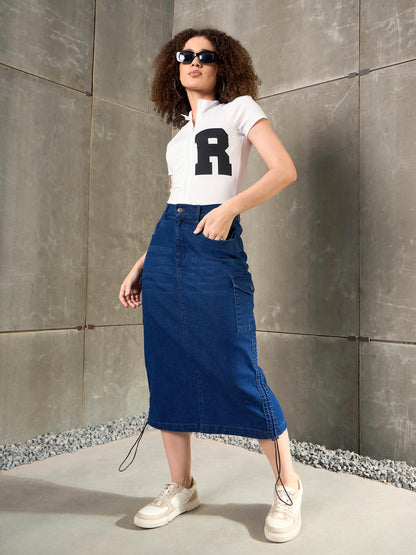 White Front Zipper R-Print Fitted T-Shirt