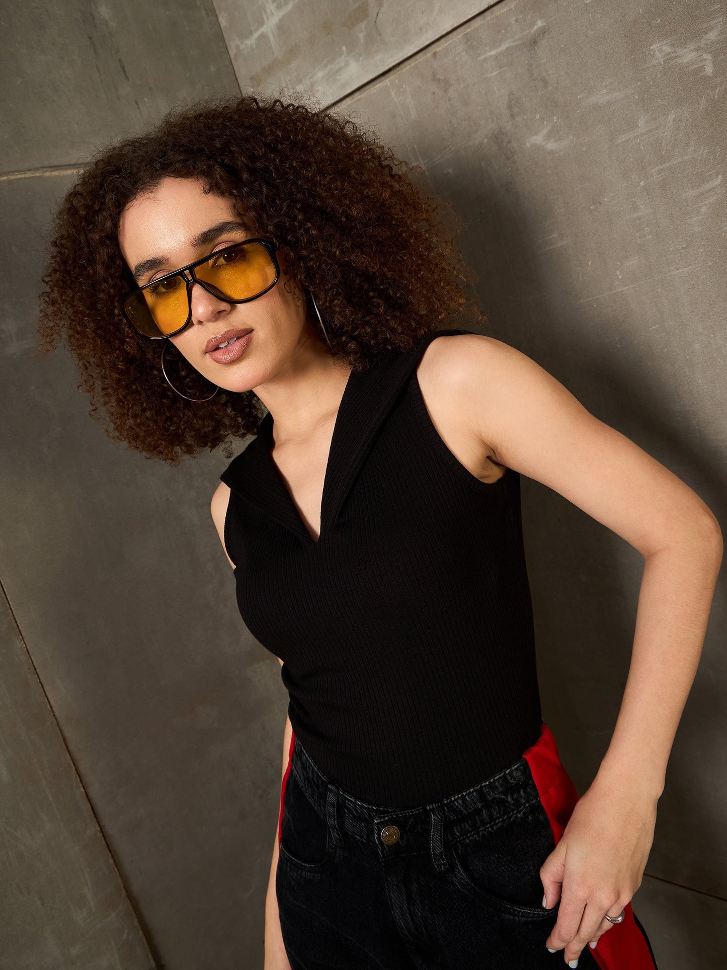 Black Rib V-Neck Collar Top