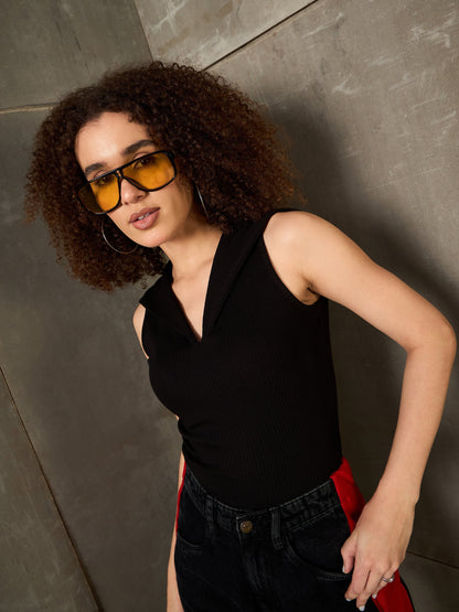 Black Rib V-Neck Collar Top