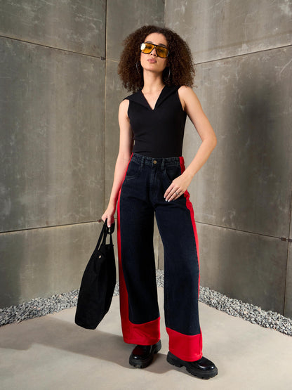 Black Rib V-Neck Collar Top
