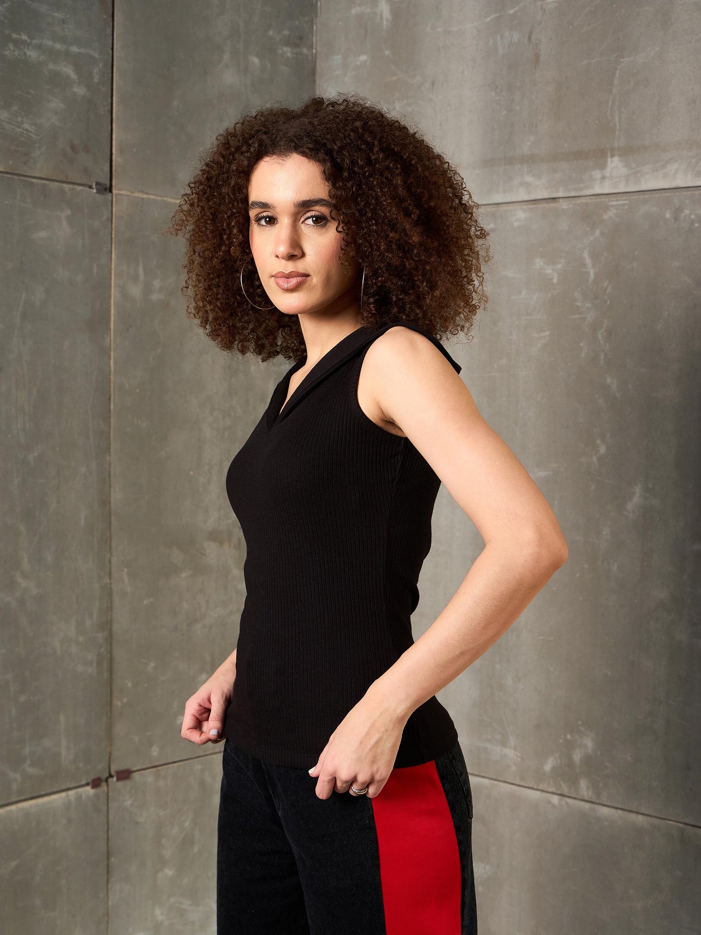 Black Rib V-Neck Collar Top