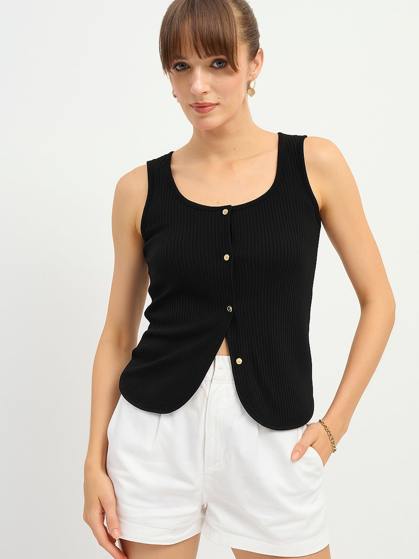Women Black Square-Neck Button Down Top