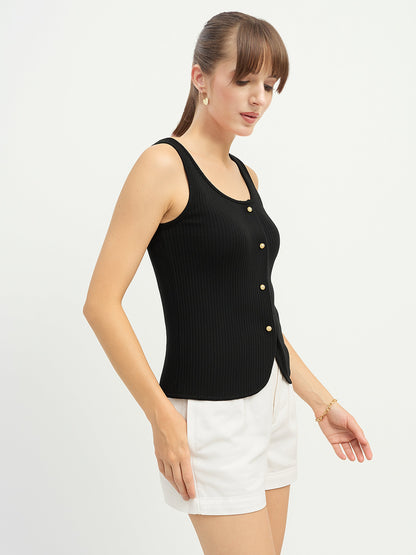 Women Black Square-Neck Button Down Top