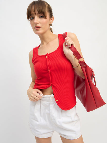 Red Square-Neck Button Down Top