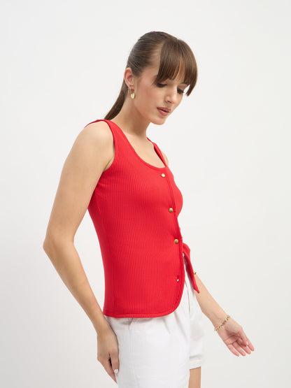 Red Square-Neck Button Down Top