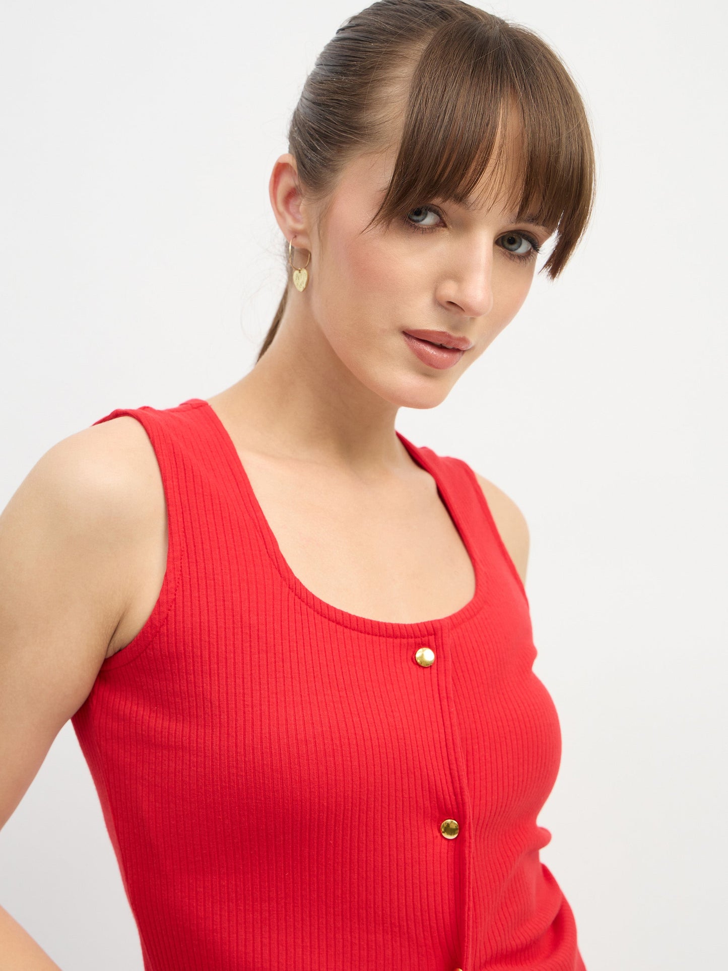 Red Square-Neck Button Down Top