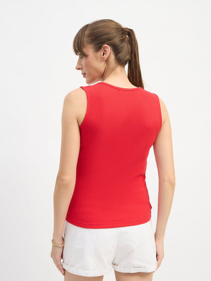 Red Square-Neck Button Down Top