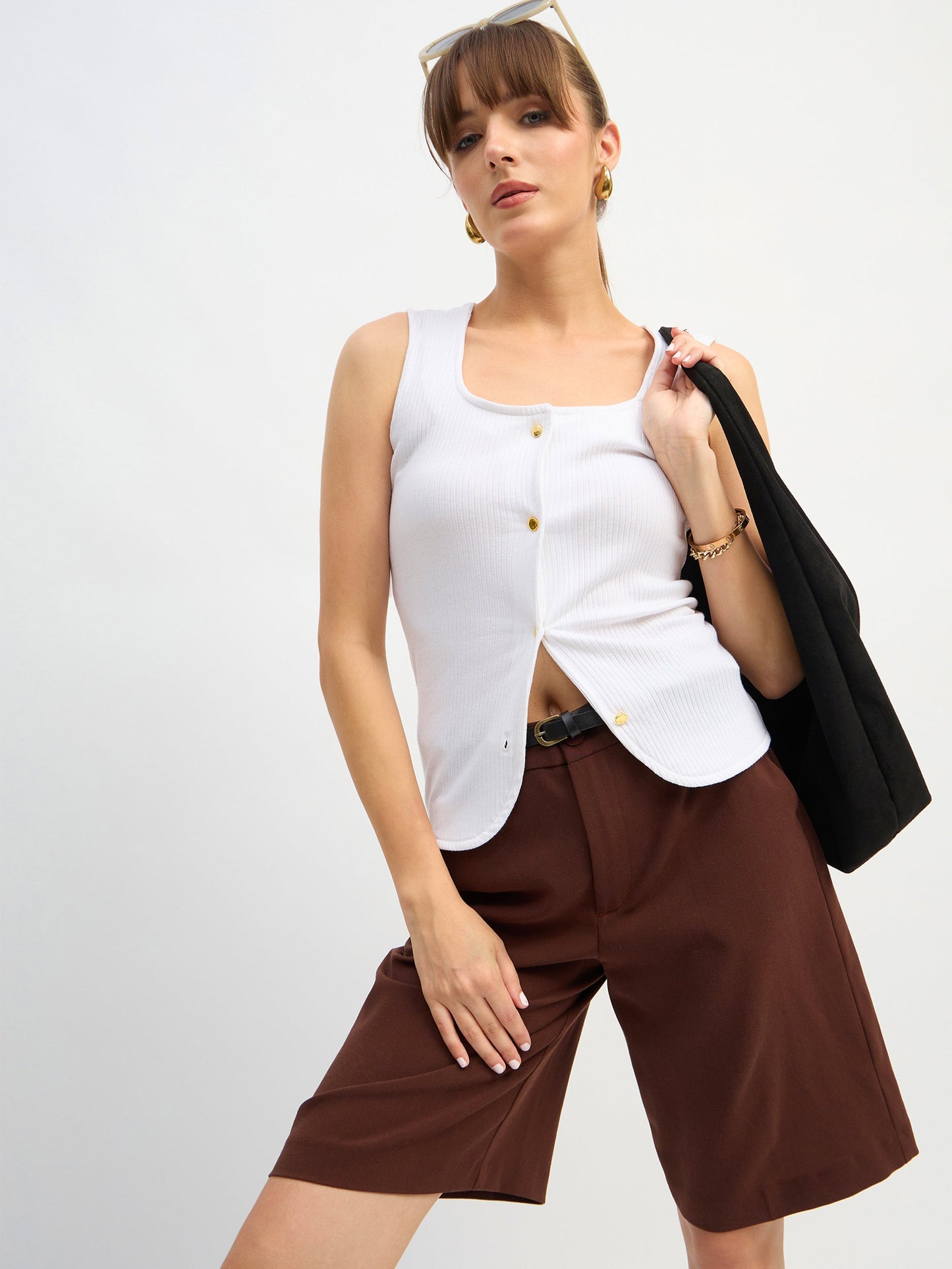Women White Square-Neck Button Down Top