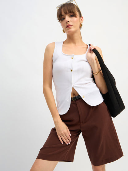 Women White Square-Neck Button Down Top
