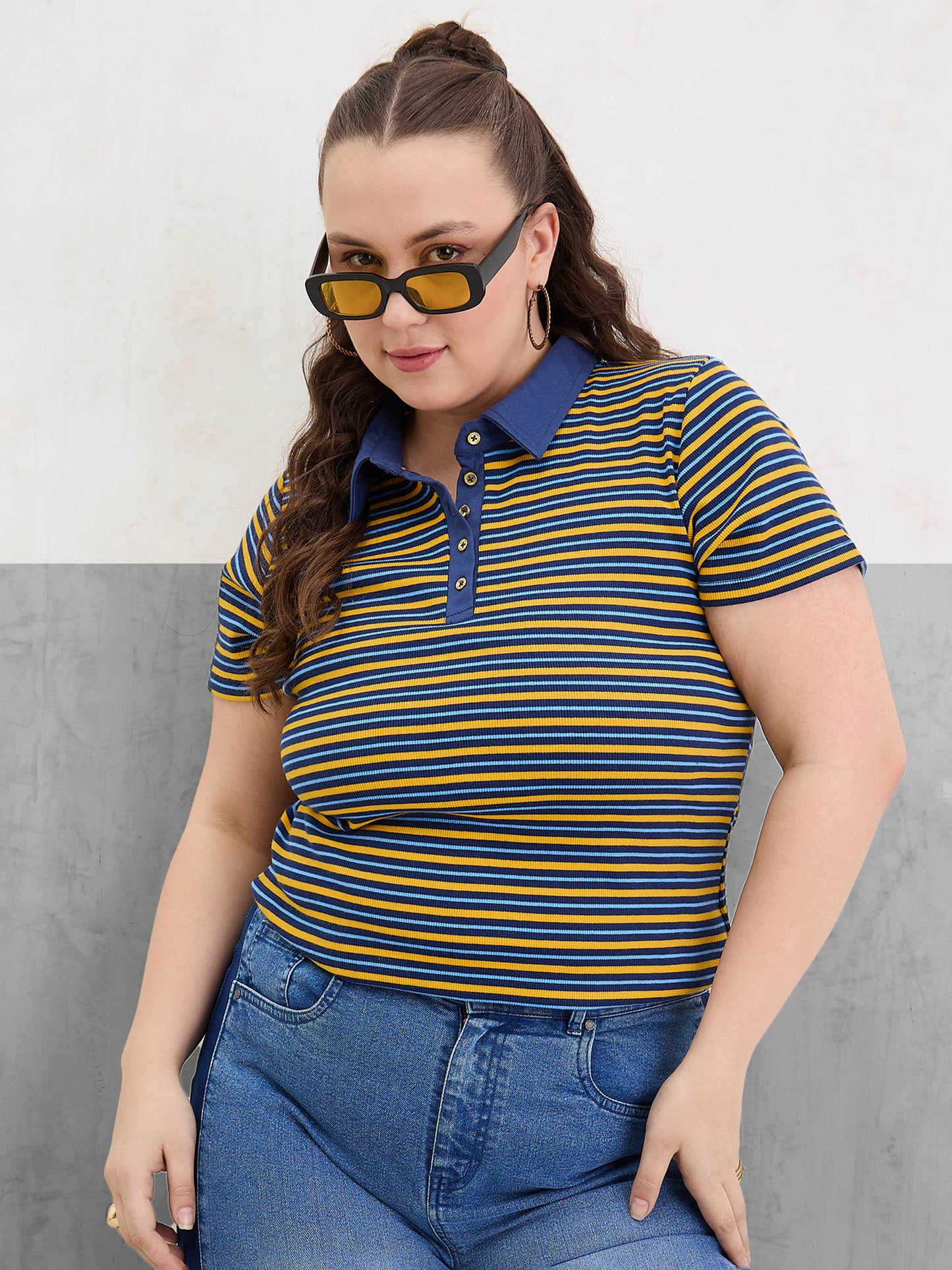 Plus size women's Yellow Cotton Yellow & Navy Rib Stripe Polo Neck Top by Sassafras Curve for wholesale buyers, boutiques, resellers and bulk orders