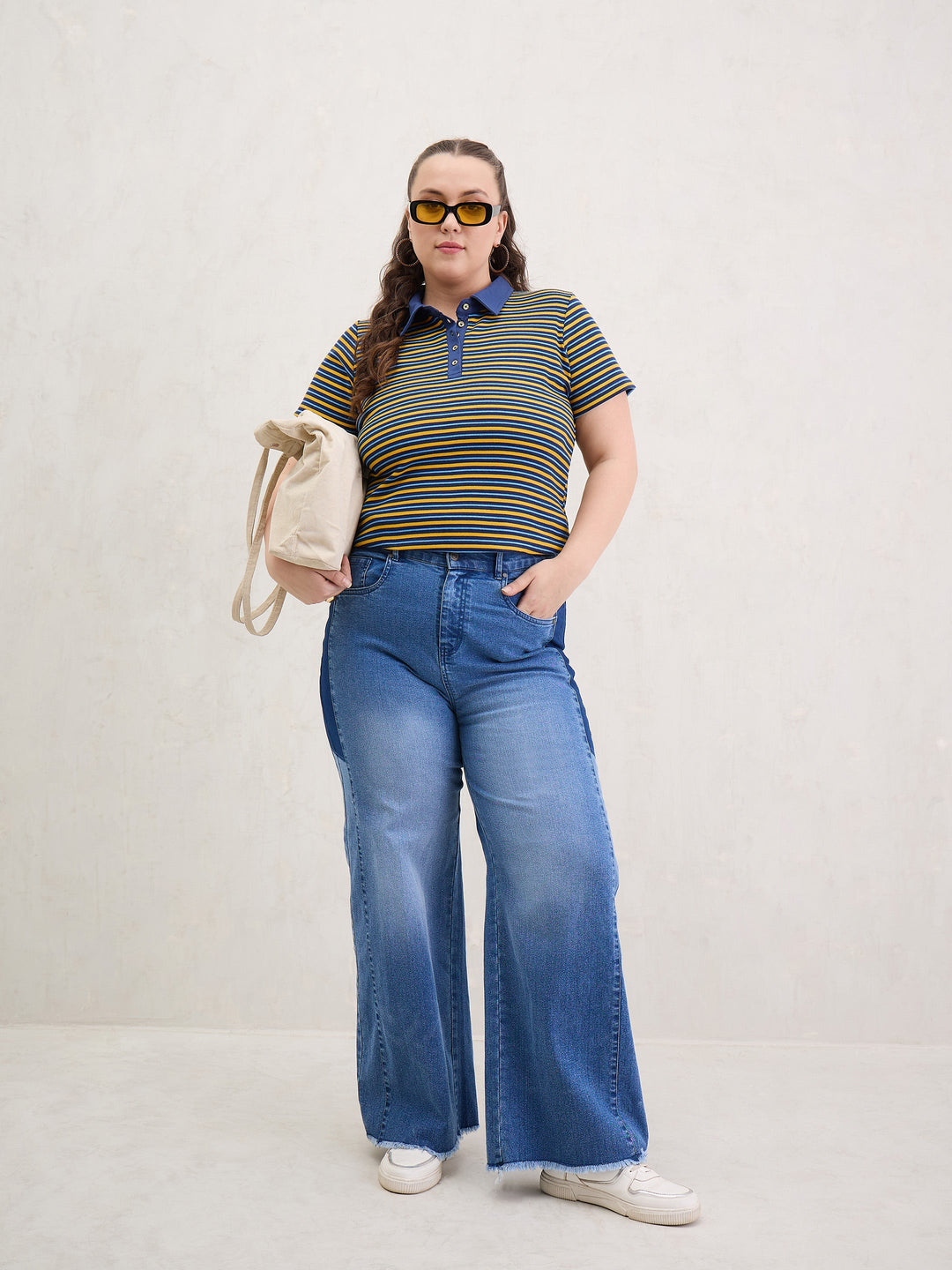 Yellow &amp; Navy Rib Stripe Polo Neck Top-SASSAFRAS Curve