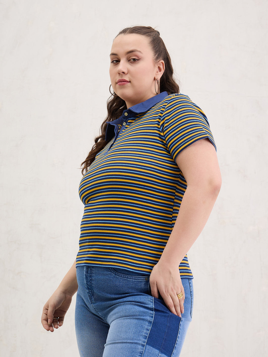 Yellow &amp; Navy Rib Stripe Polo Neck Top-SASSAFRAS Curve