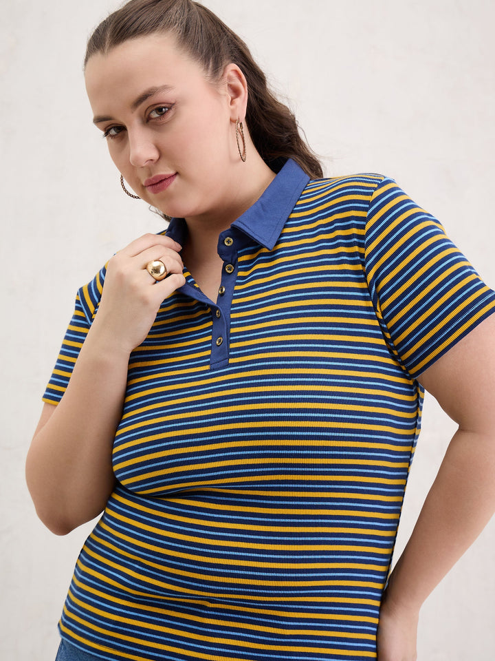 Yellow &amp; Navy Rib Stripe Polo Neck Top-SASSAFRAS Curve